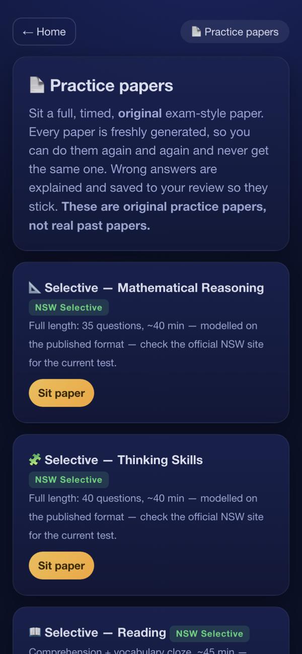 The Practice papers screen: full, timed, original exam-style papers such as Selective Mathematical Reasoning and Thinking Skills, clearly labelled as not real past papers.